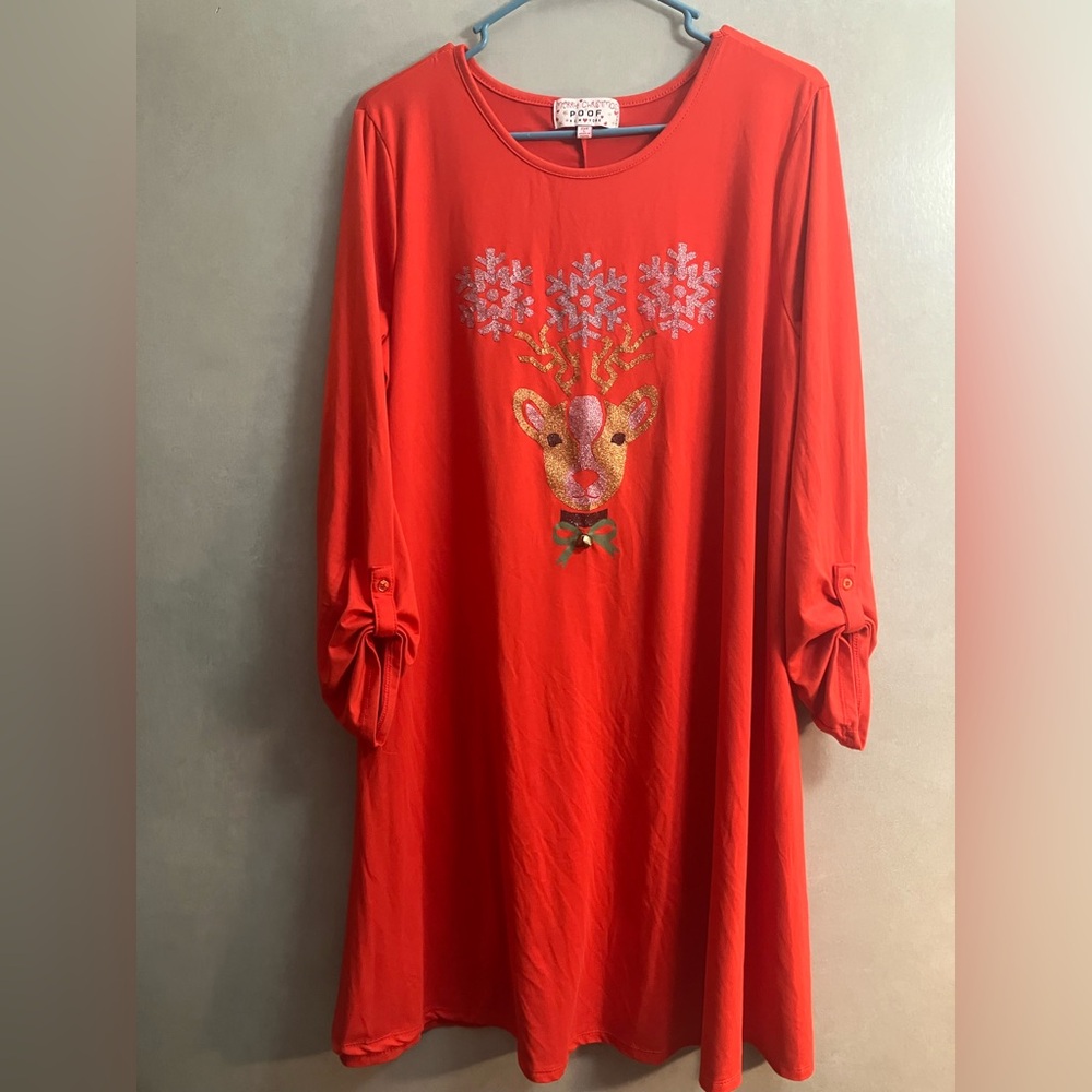 Poof! Merry Christmas Red Dress with Glittery Reindeer. Excellent condition.